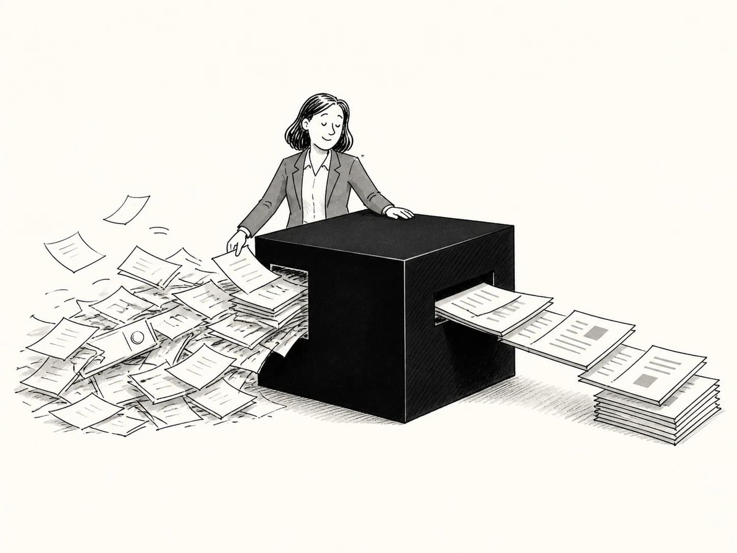 Illustratie van dossierstukken die door de black box van Norde worden afgeschermd en geordend