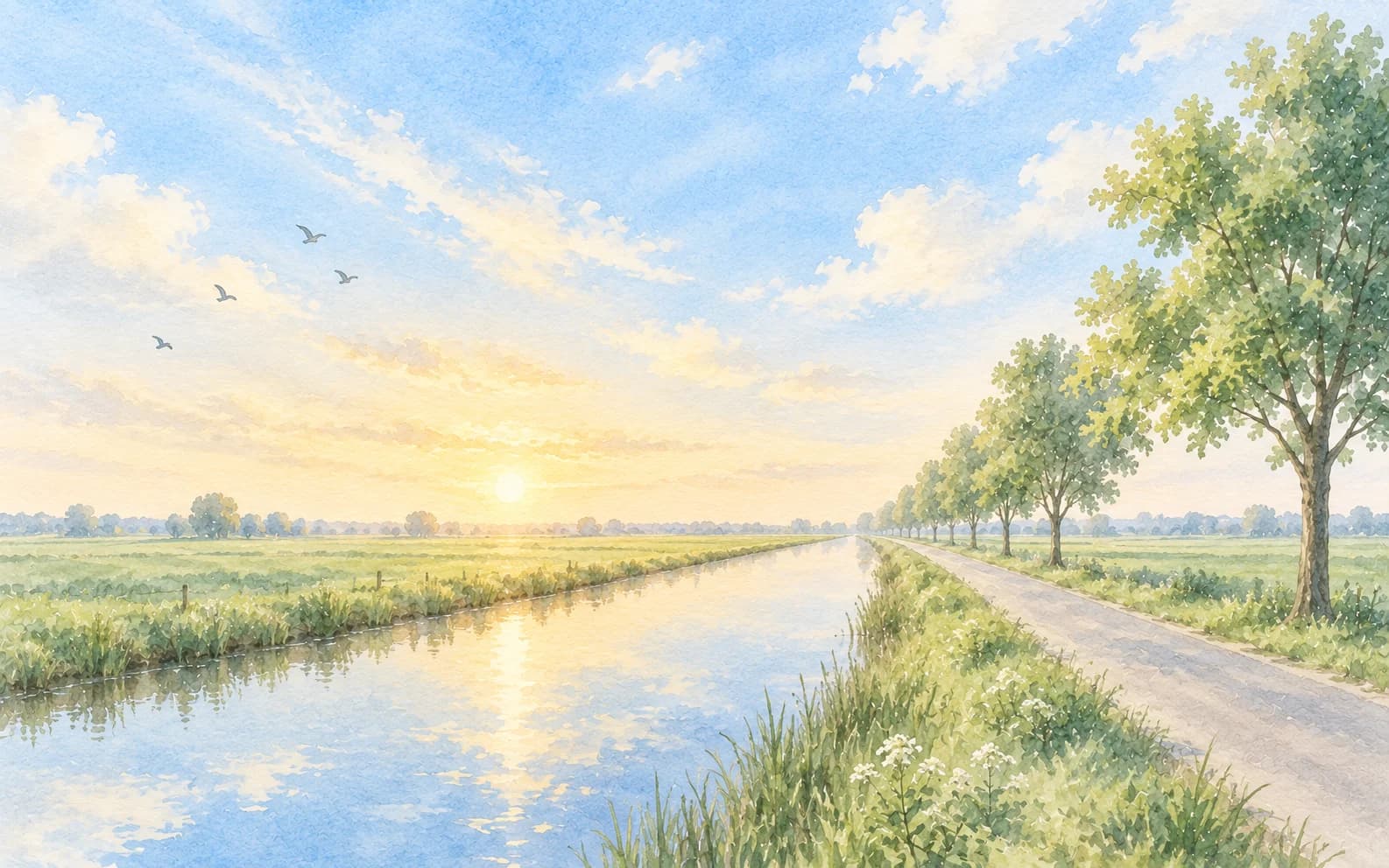 Geschilderd Hollands polderlandschap bij zonsopkomst, met een vaart en een bomenrij naar de horizon