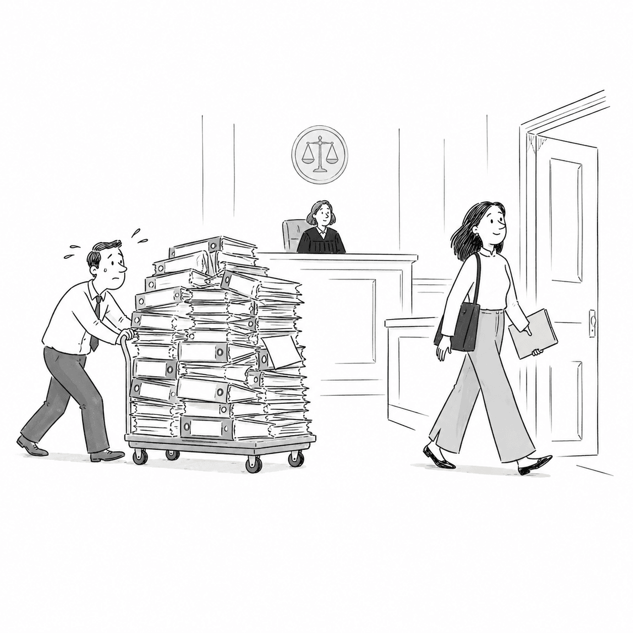 Illustratie: de oude werkwijze met karren vol dossiers naast een lichte, efficiënte aanpak