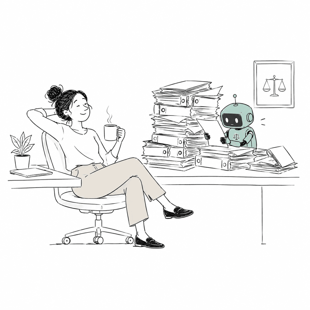 Illustratie: een jurist ontspant terwijl een robot de documentenstapel verwerkt