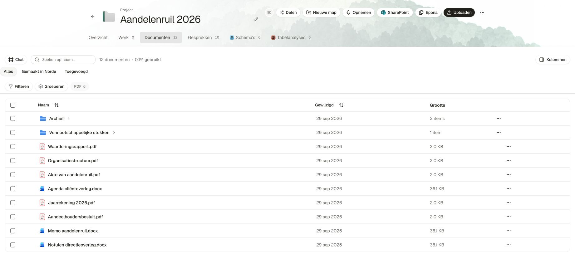 Project Aandelenruil 2026 in Norde, met de volledige projectheader, mappen, pdfs en Word-documenten